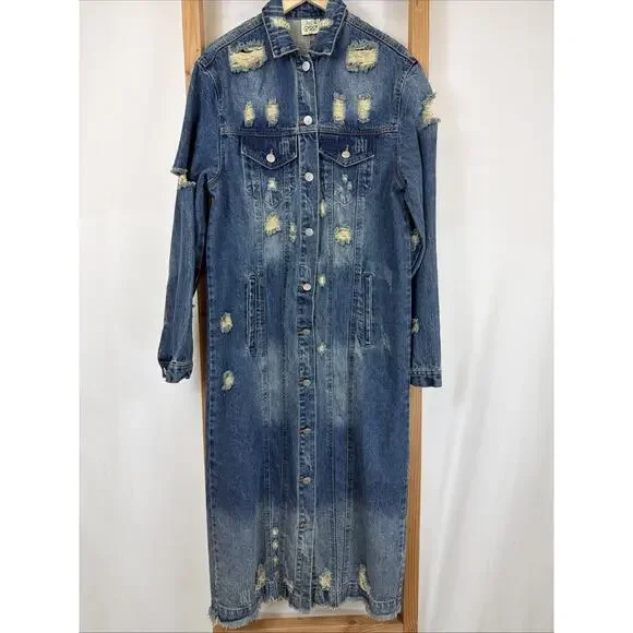 NWT Jade Gypsy Blue Distressed Denim Long Duster Jacket #1391 Size S M - Picture 1 of 10